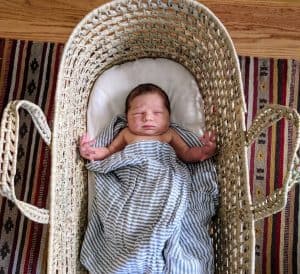 baby Sam sleeping in a big basket